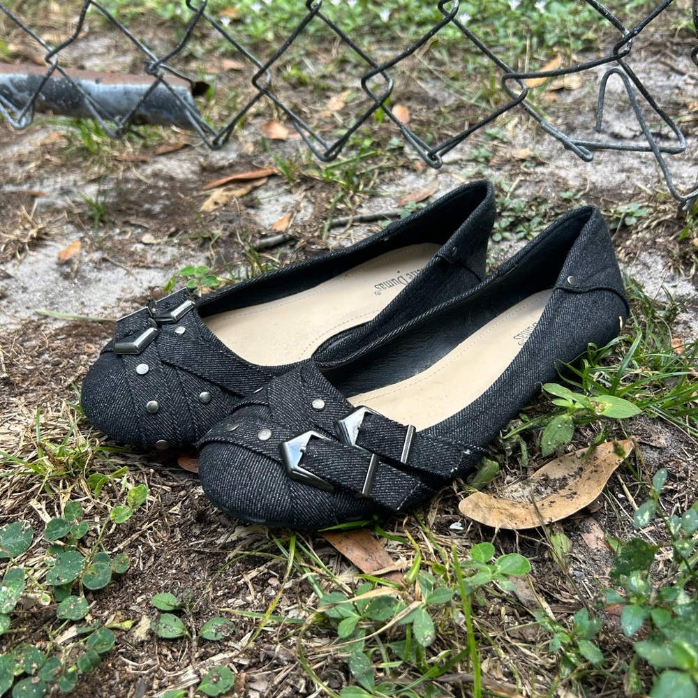 denim studded flats with buckles
